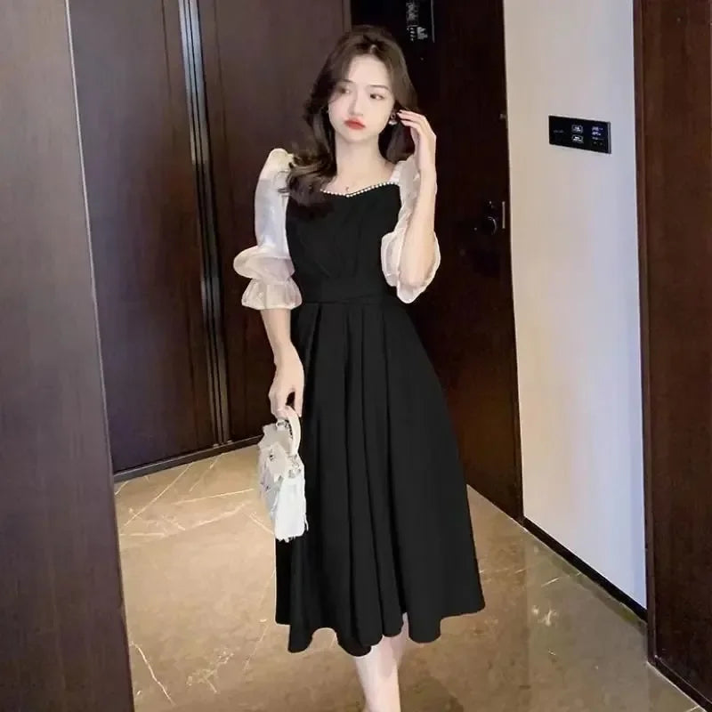 Slimming Long French Collar Dress with Belt and Patchwork for Plus Size Women Empire Waist Knee Length Bubble Sleeve Dress