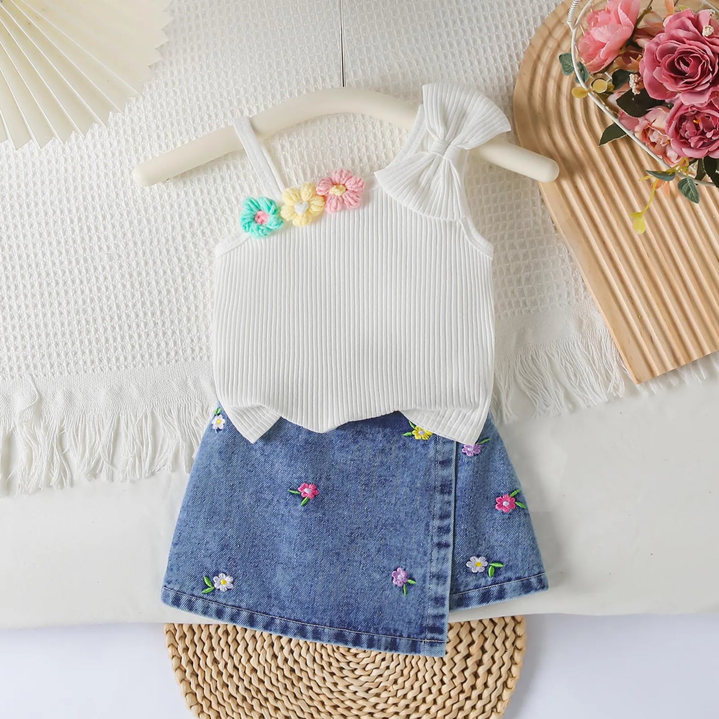Small Fresh Jeans Skirts Sets Cute Baby Girl Comfortable And Breathable Set Cute Flower Embroidery Short Sleeve Skirt Two Piece