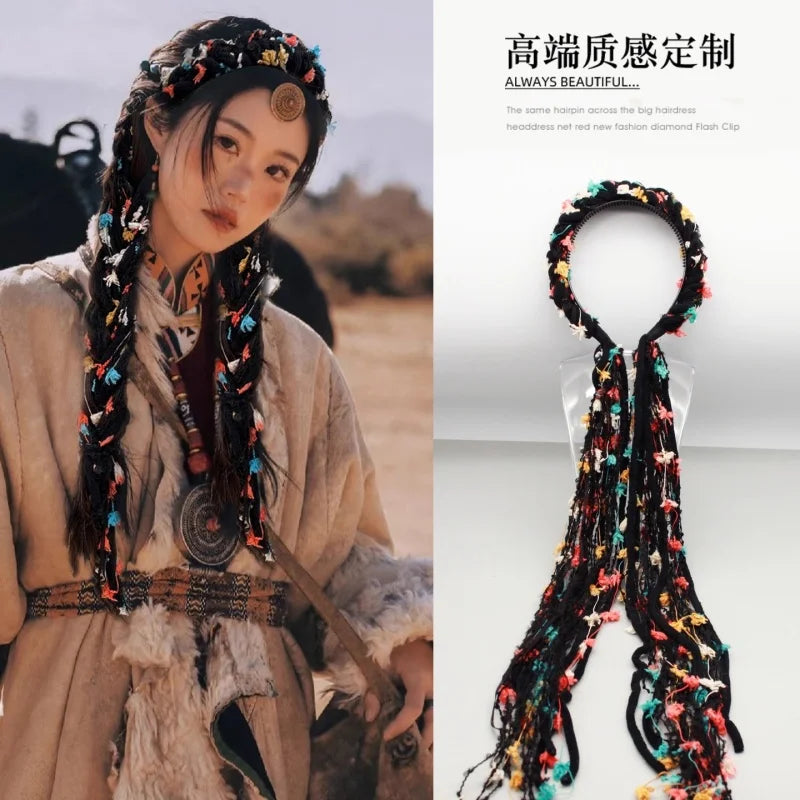 Chinese Tibetan Retro Faux Fur Meilard Colorful Long Tassel Ribbon Braid Hairband