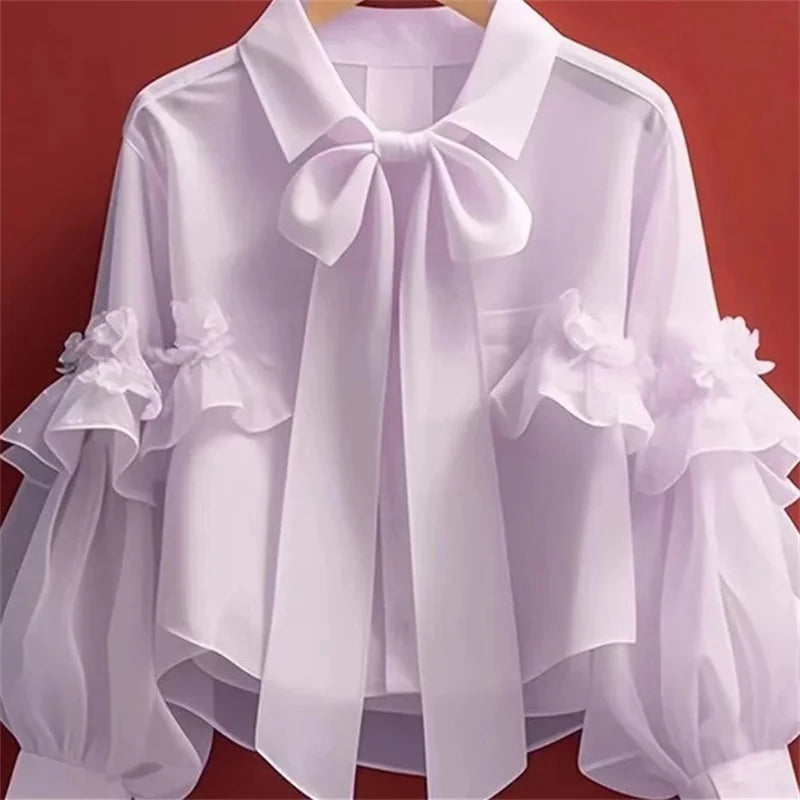 Spring Autumn New Women French Sweet Blue Bow Short Shirt Elegant Versatile Loose Cardigan Ladies Long-sleeved Blouse Tops