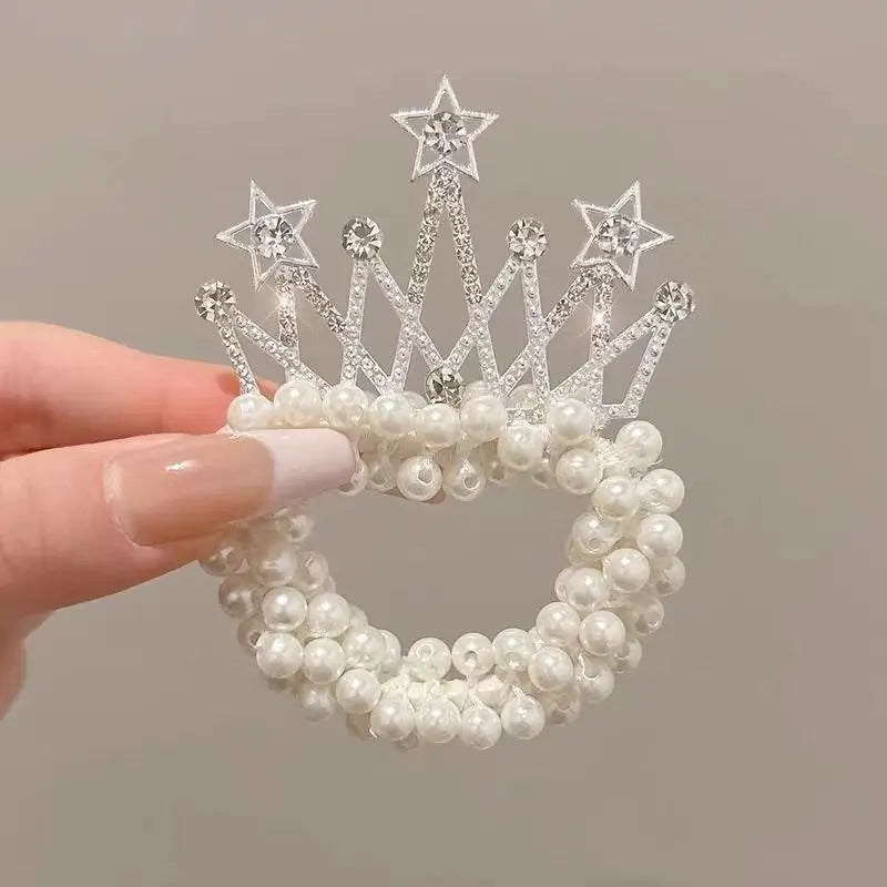 Fashion Pearl Crown Princess Cute Kids Hair Bands Elastic Rubber Bands