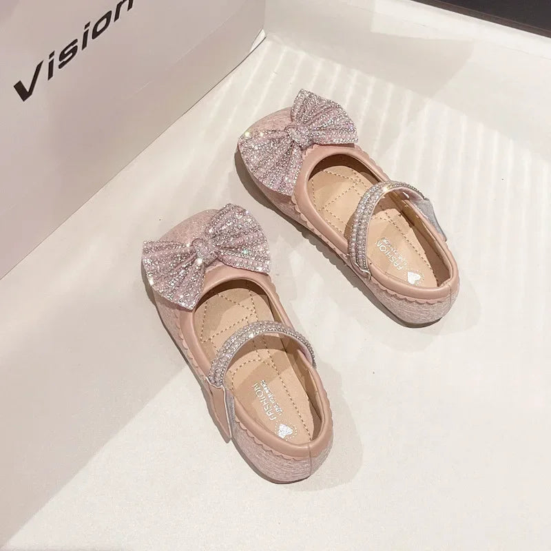 Children's Leather Shoes Bling Sequins Bowknot Princess Shoes for Girls Sweet Chic Kids Causal Wedding Shallow Versatile