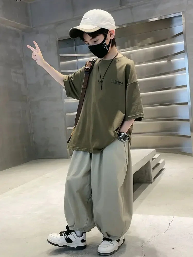 New Teenage Children's Clothing Big Boys Summer Cotton Set Summer Loose Boy Handsome T-shirt+ Lantern Pants Set Outfits (Available)