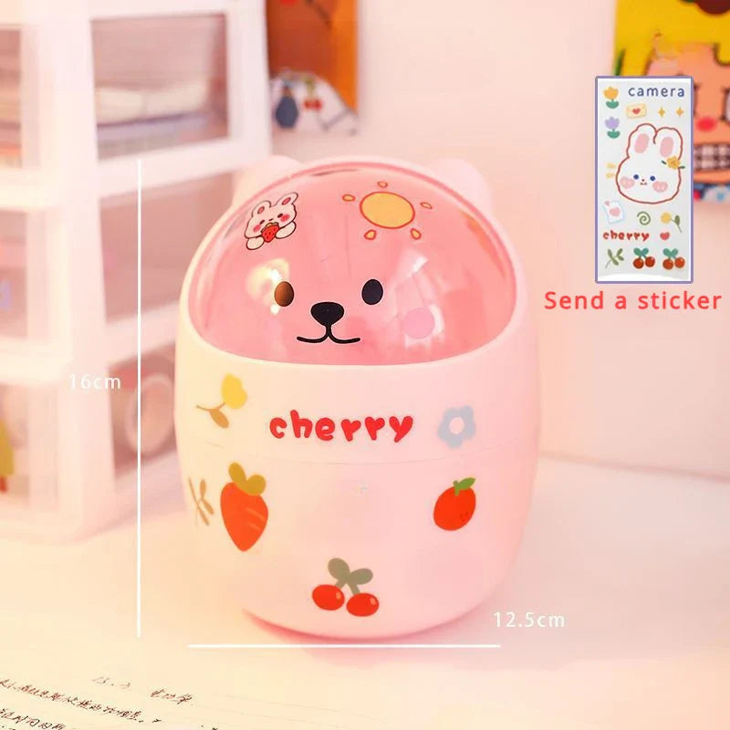 Mini Desktop Trash Can Organizer Cute Bear Multifunction Creative Cosmetic Bucket with Lid Pen Holder Kawaii Stickers Patchers
