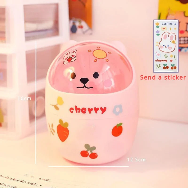 Mini Desktop Trash Can Organizer Cute Bear Multifunction Creative Cosmetic Bucket with Lid Pen Holder Kawaii Stickers Patchers