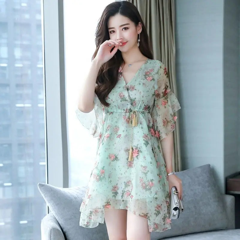Chiffon Floral V-neck Ruffle Woman Dress Promotion Elegant and Pretty Korean Style Fashion Summer 2025 Chic Dresses for Women (Available)