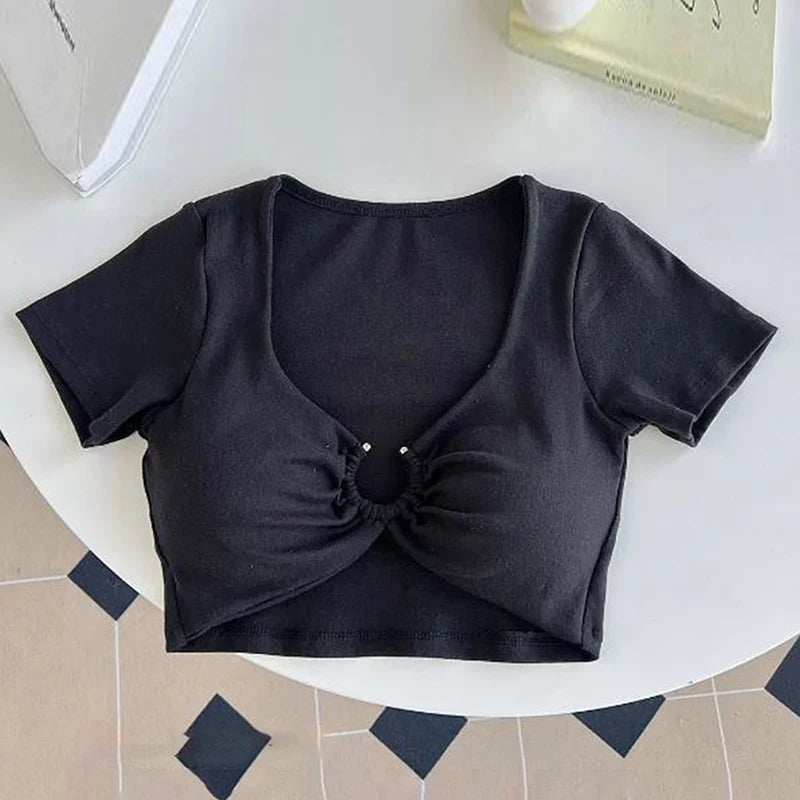 Xingqing Summer Crop Tops y2k Women Sexy Clothes Solid Color Metal Ring Short Sleeve Padded T Shirts 2000s Clothing Streetwear