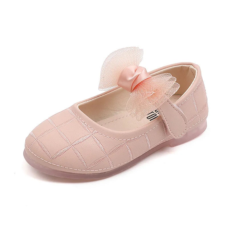 Korean Style Kids Solid Color Embroidered Leather Shoes Girls Big Bow Mesh Flower Princess Flat Dance Shoes