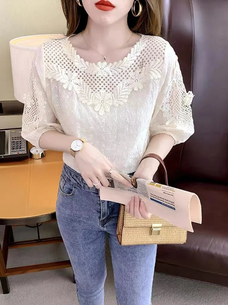 Blouses Women Hollow Out O-neck Half Sleeve Loose Tops Summer Casual Elegant Ladies French Style Daily Trendy