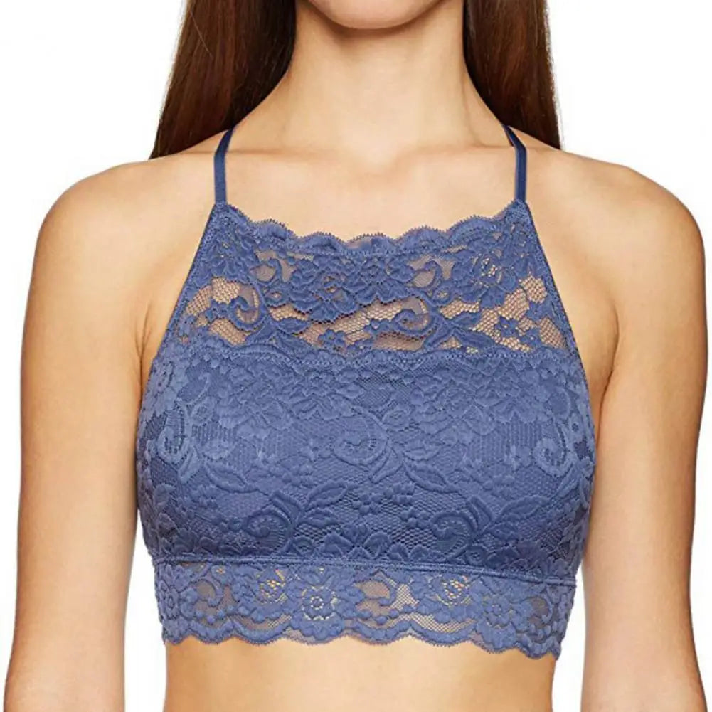Summer Embroidery Flower Lace Tube Top Halter Backless Bandeau Bra Breathable Perspective Thin Women Underwear