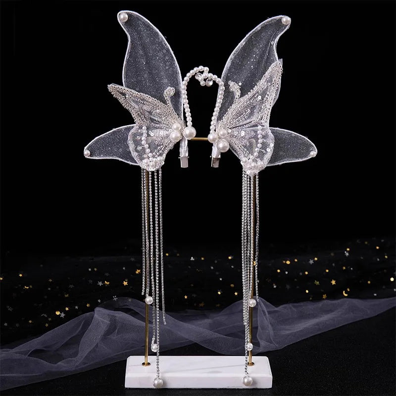 Fairy Bride Headdress BrideCourt Hair Ornament Crystal Butterfly Wings Headwe Lace Feather Fringe Hair Clip Wedding Accessories