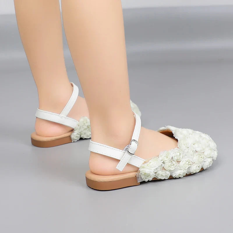 Girls Half Sandals Kids Princess Flowers Dress Shoes Fashion Simple Summer Children Flat Mary Janes Shoes for Party Wedding