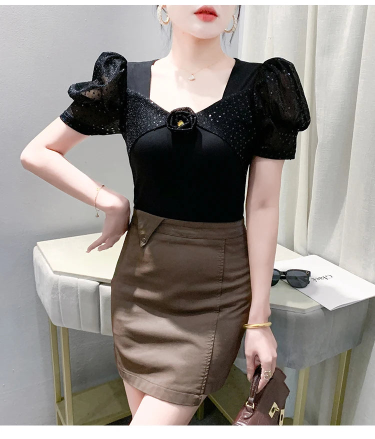 Women's Chic Youthful Square Neck Puff Sleeve T-Shirt Shimmery Floral Summer Blouse Slim Fit Trendy Top