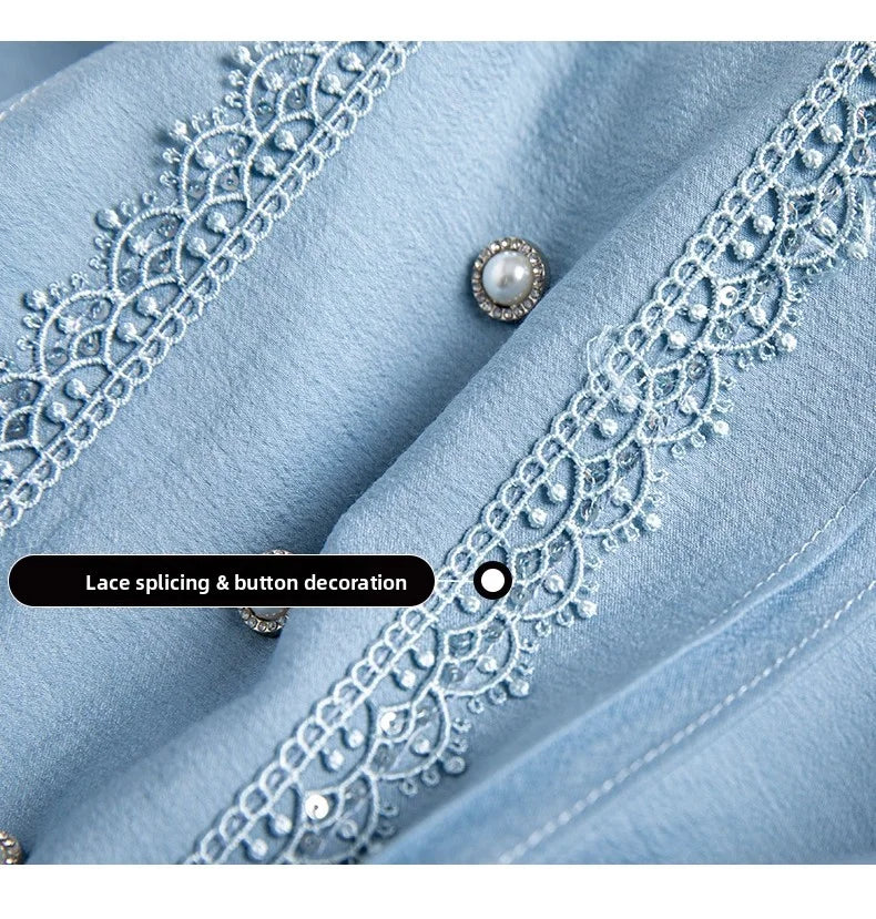 Elegant French Style V-Neck High End Blue Long Sleeve Blouse 2025 Fall New Belt Lace-up Fashion Slim Cinched Waist Tops Shirts