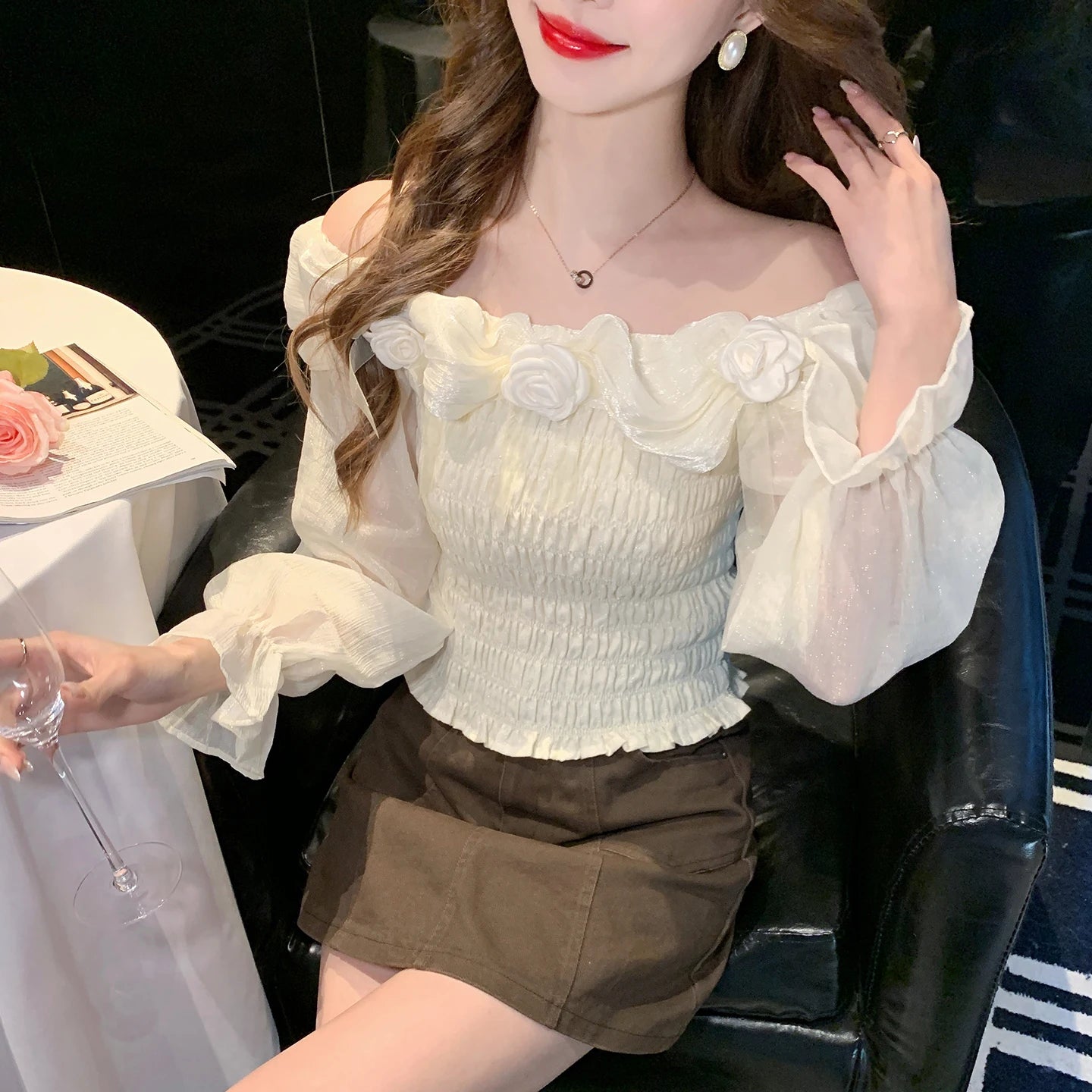 Sweet oulder One-oulder 3D Flower Bell Sve Women's irt Spring New Sle Waist Cinching Beautiful Top Ci Walk ort...