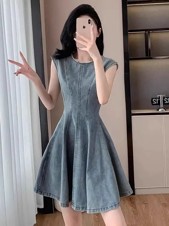Summer New Retro Blue Denim Dr Slimming High Waist round Ne Svel A-Line Skirt Korean Sle Women's Faion Dr