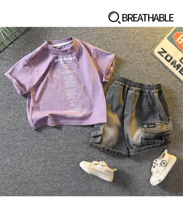 Baby Boys Summer Clothes Fashion Crew Neck Children Tracksuit Letter Printed T-shirt Denim Shorts 2pcs Suit Kids Outfit 2-11Y