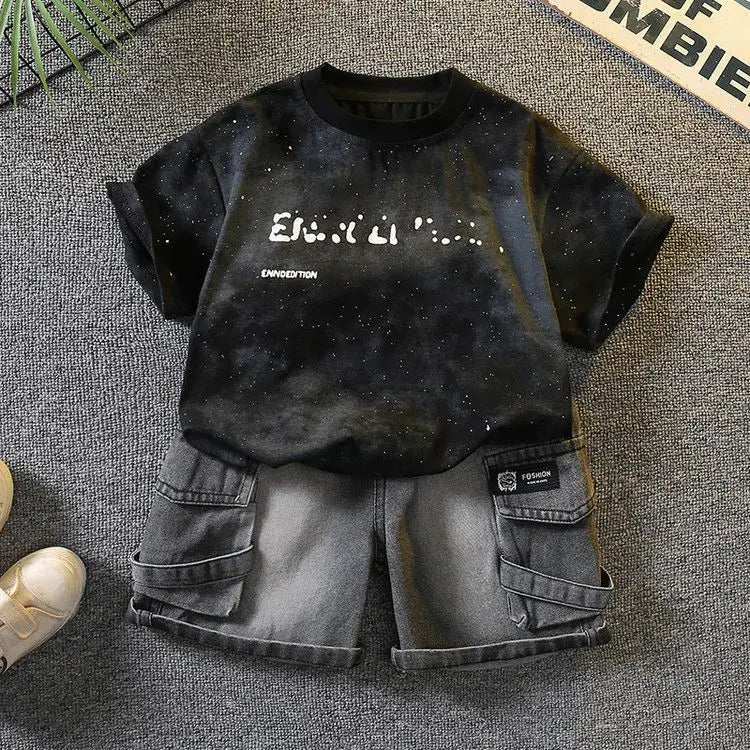 Baby Boys Summer Clothes Fashion Crew Neck Children Tracksuit Letter Printed T-shirt Denim Shorts 2pcs Suit Kids Outfit 2-11Y (Available)