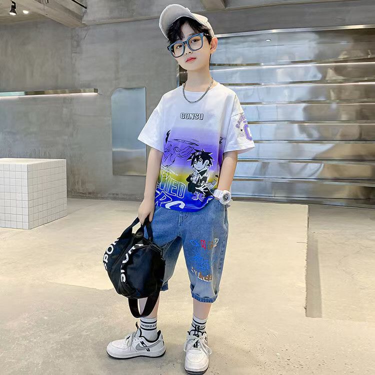 Boys Casual Cartoon Gradient T-shirt jeans Suit Medium And Large Children Two-piece Set (Available)