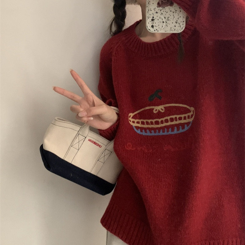 Cake Round Neck Embroidered Sweater Women Versatile