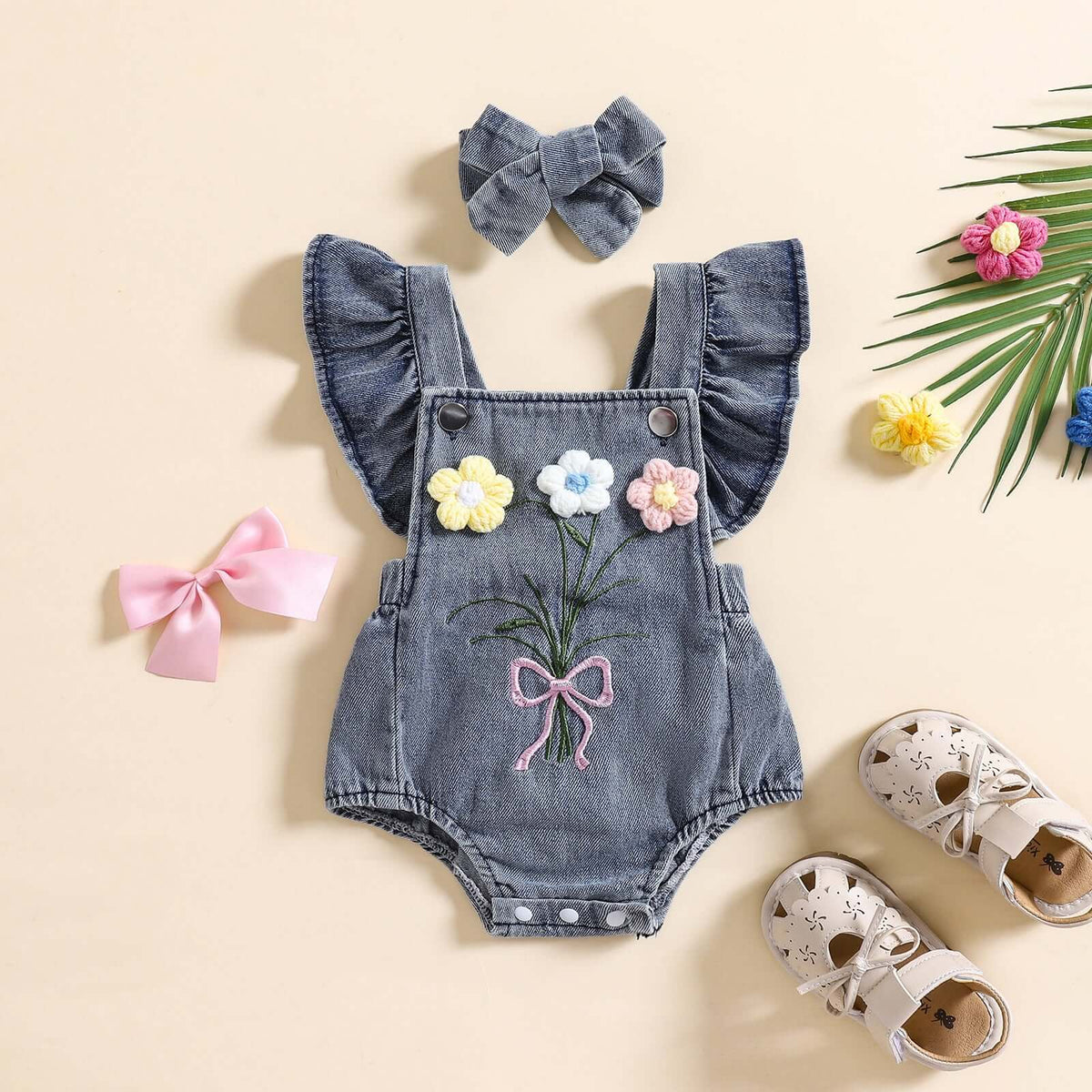 Baby Girl Romper Set Bangladesh with floral embroidery and matching headband, perfect for summer outings and special occasions.