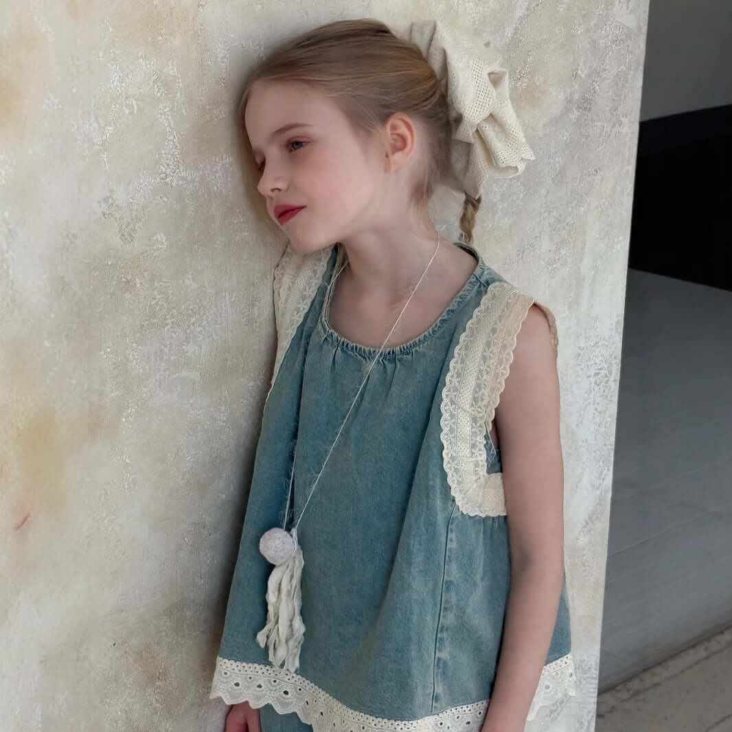 Girls Denim Vest Set Bangladesh Lace Trim - Small China Town