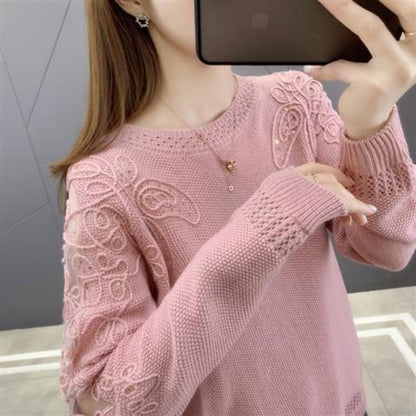 Pullover Lace Bottoming Shirt Long Sleeve Loose Hollow Knitted Sweater For Women