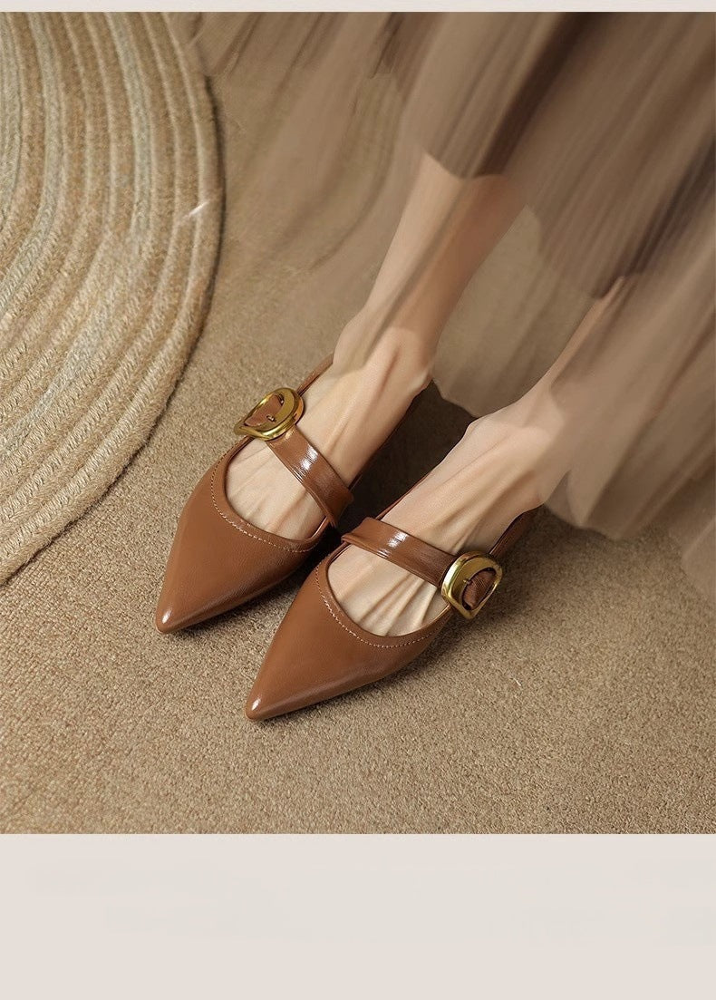 French Style Pointed Toe Shallow Mouth Low Heel Buckle Leather Shoes