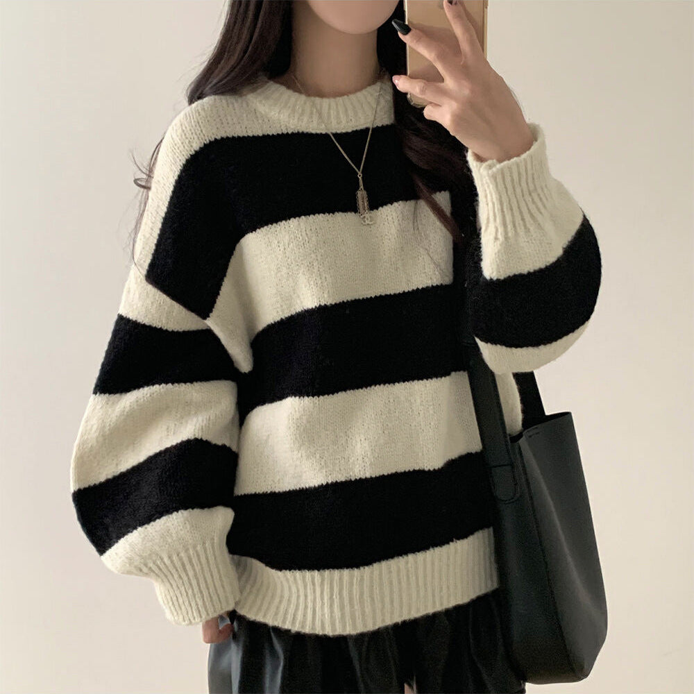 Loose Pullover Simple Knitwear Striped Thick Sweater