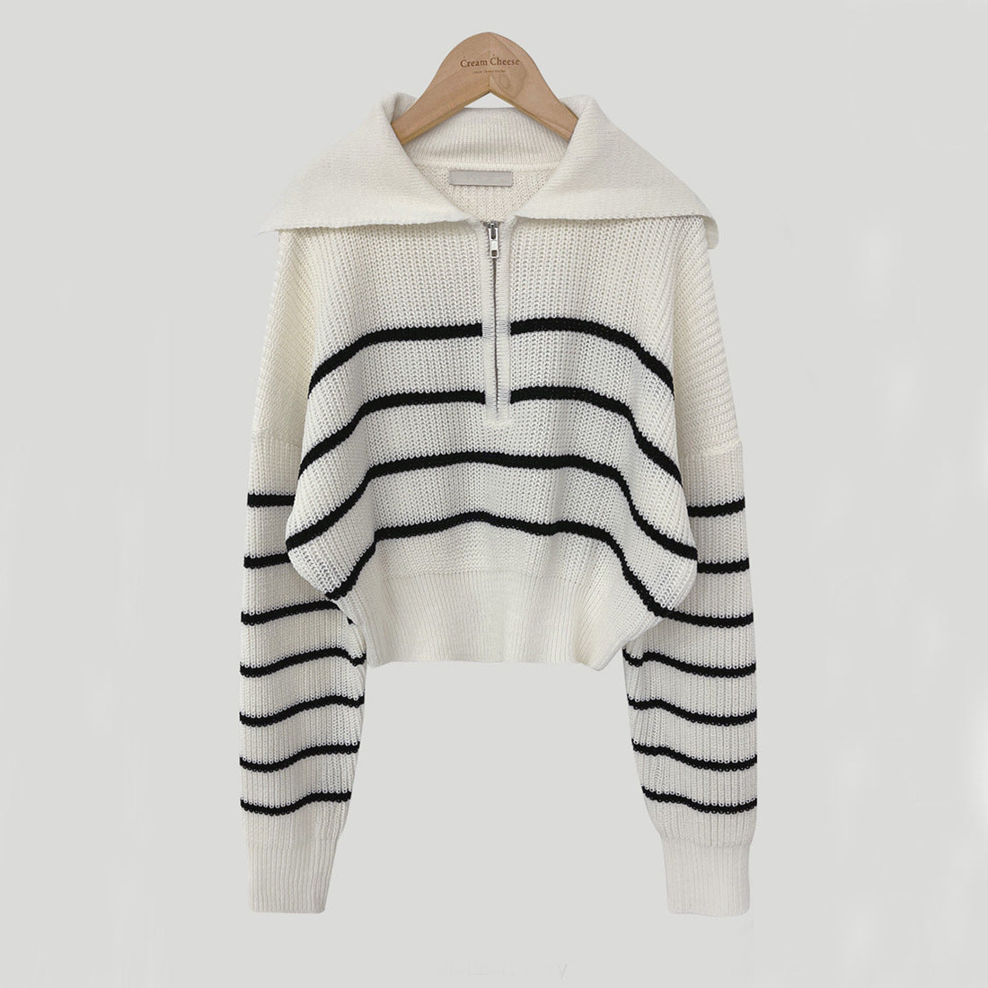 Lapel Half Long-sleeve Zipper Striped Knitted Sweater