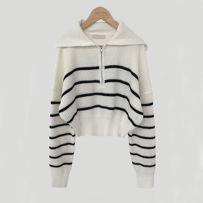 Lapel Half Long-sleeve Zipper Striped Knitted Sweater