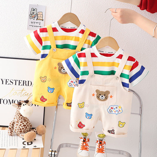Boys' Summer Casual Suspender Trousers Short Sleeve Suit    (Available)