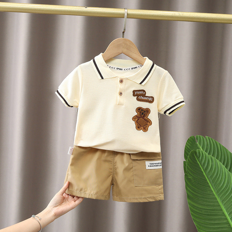 Boys Cartoon Summer Suit Set with short sleeve cartoon shirt and matching shorts for comfortable summer wear and everyday activities