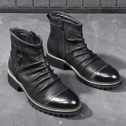 Retro Round Toe PU Leather Side Zipper Martin Chunky Heel Ankle Boots