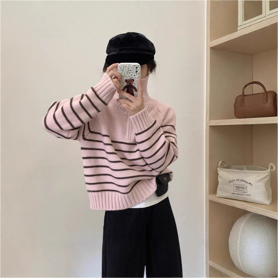Half-zip Stand Collar Women's Korean-style Niche Striped Loose Sweater