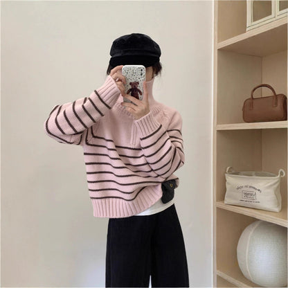 Half-zip Stand Collar Women's Korean-style Niche Striped Loose Sweater