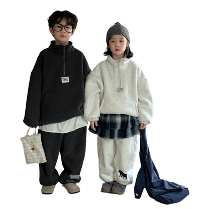 Winter Clothes For Boys And Girls Korean-style Labeling Half Zipper Two-piece Set