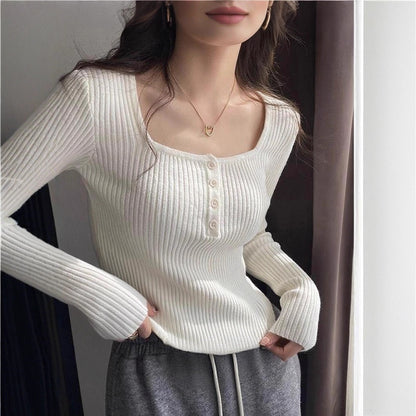 Inner Square Collar White Design Long Sleeve Knitted Sweater