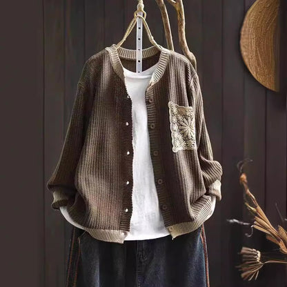 Retro Knitted Cardigan Women Round Neck Loose