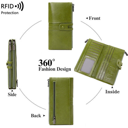 Oil Wax Leather Double Zipper Long European And American New Retro Anti-theft Swiping Women's Wallet