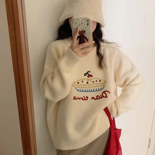Cake Round Neck Embroidered Sweater Women Versatile