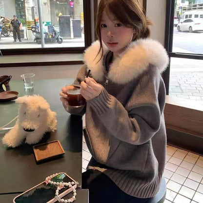 Fur Collar Hooded Knit Cardigan Women