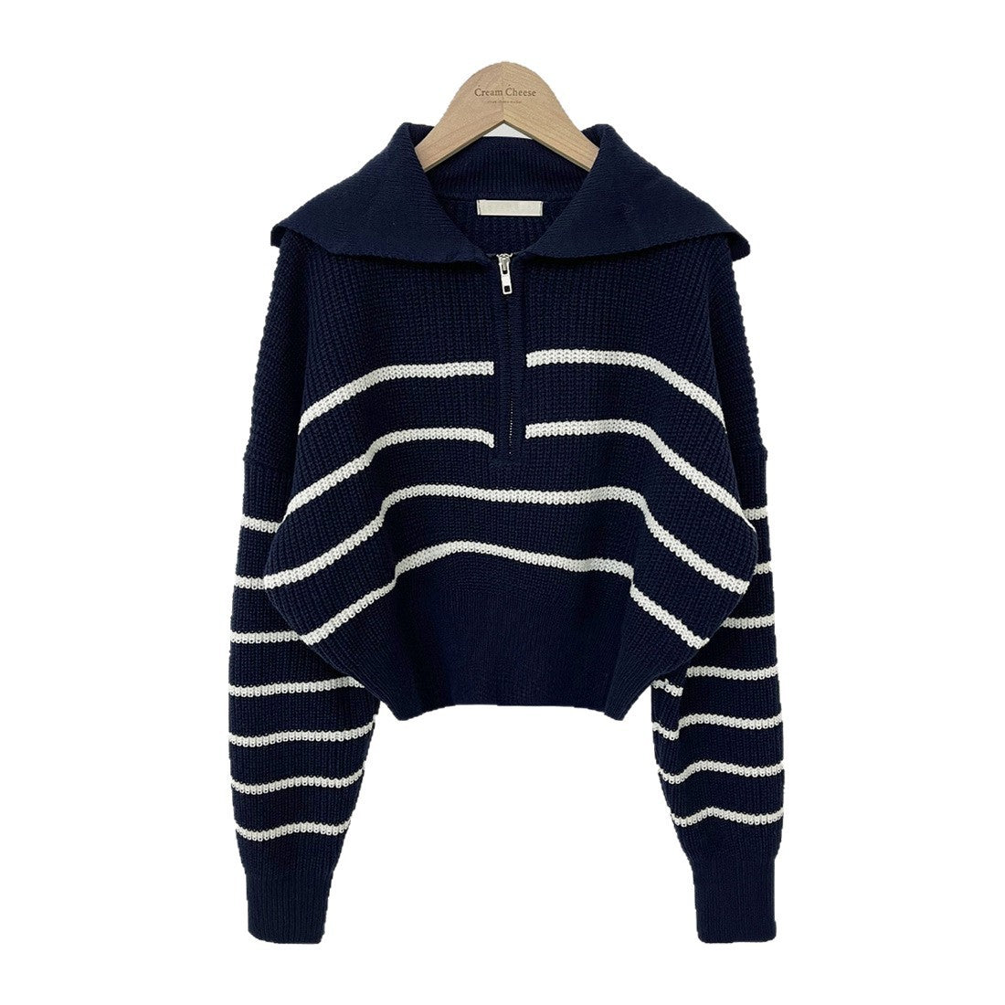 Lapel Half Long-sleeve Zipper Striped Knitted Sweater