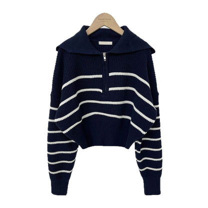 Lapel Half Long-sleeve Zipper Striped Knitted Sweater