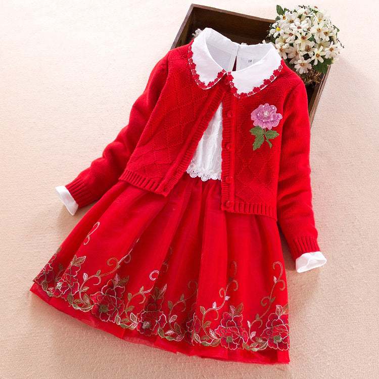 Girls' Dress Two-piece Spring Long-sleeved Sweater Princess Dress