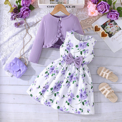Girls' Colorful Suspender Skirt Solid Color Coat Set