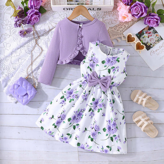 Girls' Colorful Suspender Skirt Solid Color Coat Set
