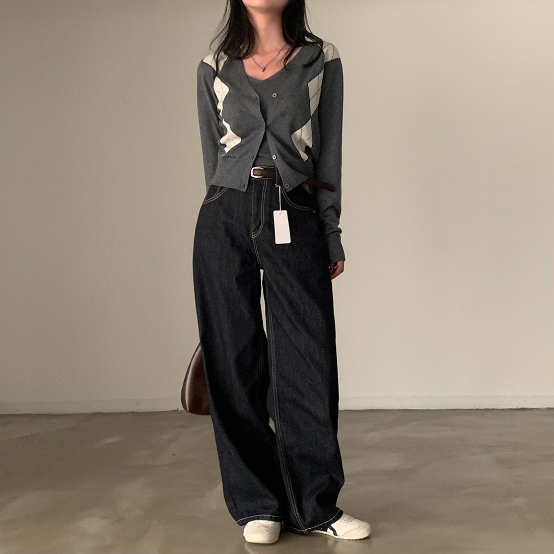 Retro Diamond V-neck Long-sleeve Knitwear Vest Suit