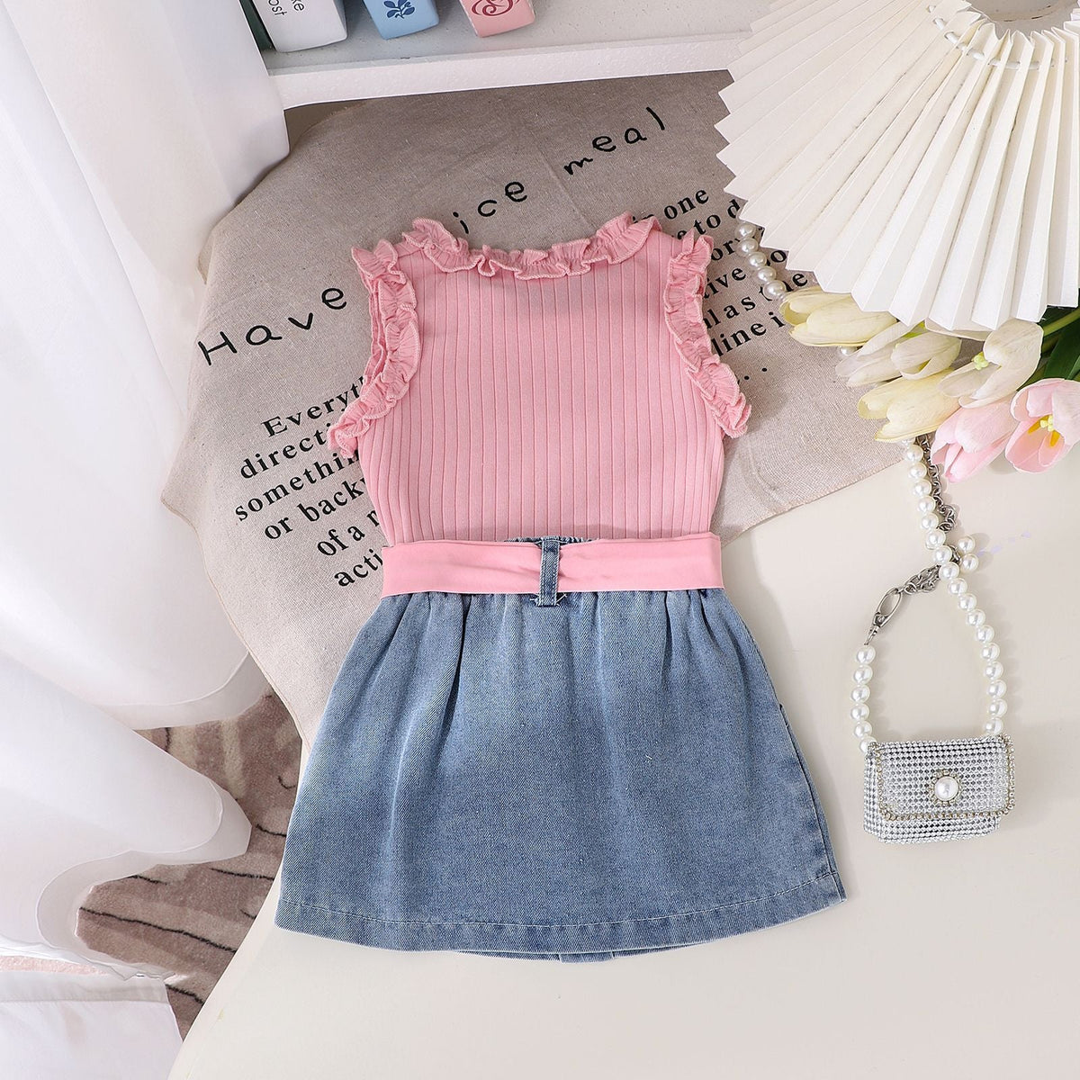 Summer Denim Skirt Belt Three-piece Set (Available)
