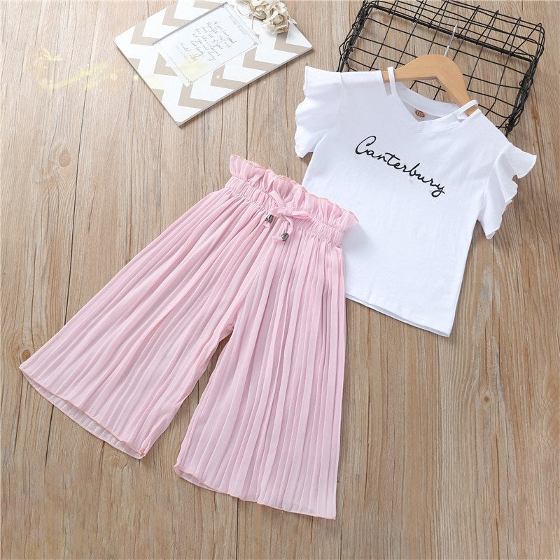 Girls Chiffon Wide Leg Pants Pleated Flying Sleeve Top Set (Available)